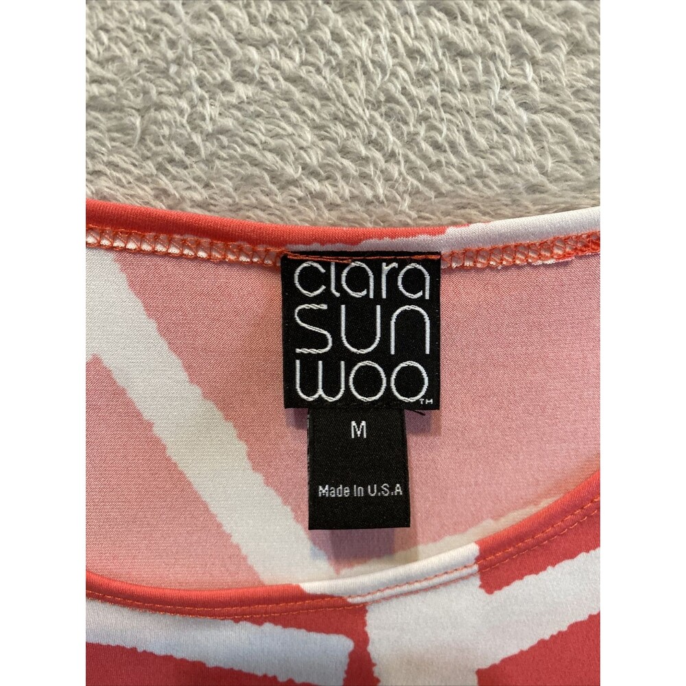 Clara Sun Woo Tunic Top Women's Medium Pink White Abstract Stretch Knit USA - Picture 2 of 7